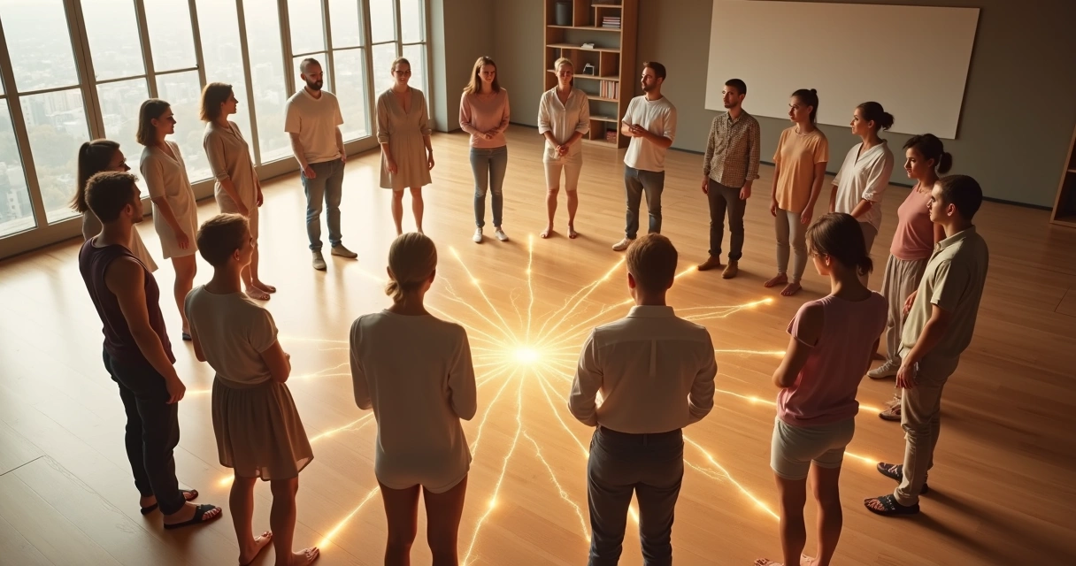Grupo em círculo conectado por linhas de luz representando uma constelação sistêmica 
