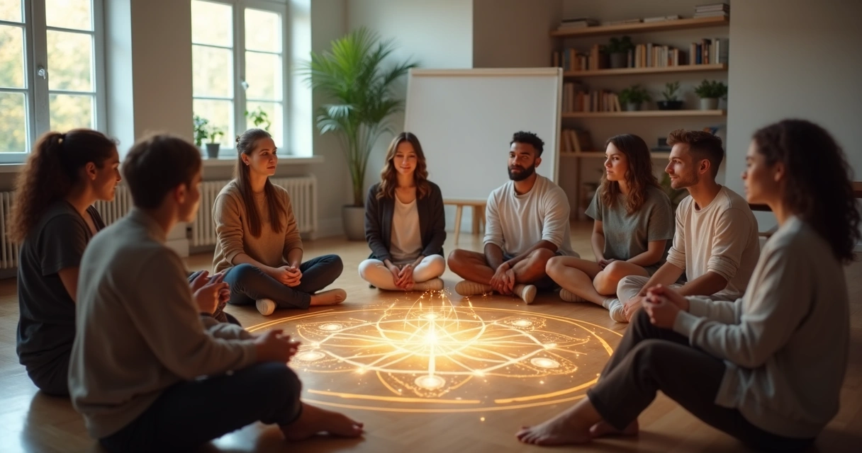 Grupo em círculo com silhuetas conectadas por linhas de luz 