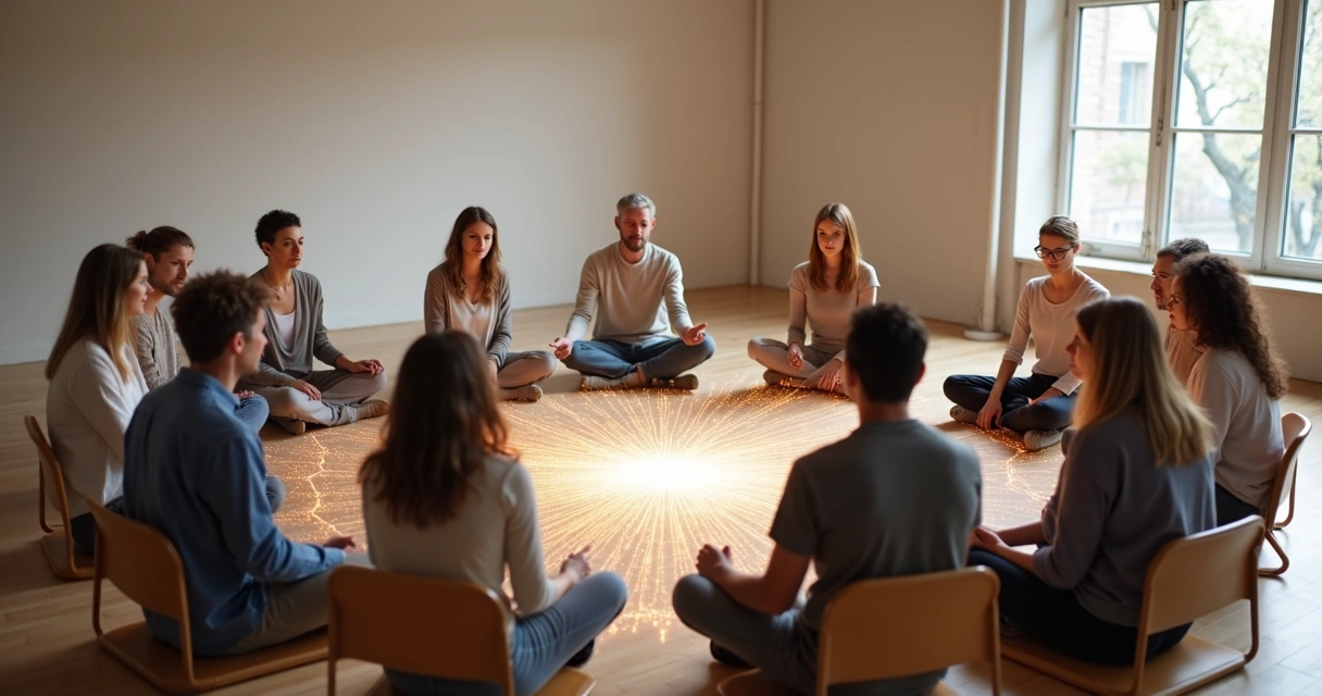Grupo em círculo com conexão luminosa simbolizando constelação sistêmica 