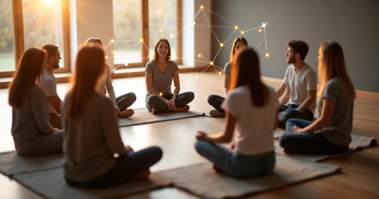 Grupo em círculo com silhuetas conectadas por linhas de luz representando constelação sistêmica 