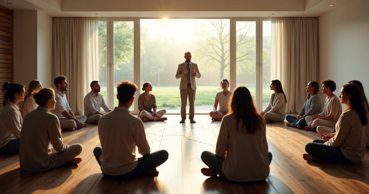 Grupo em círculo com pontos de luz conectando pessoas em constelação sistêmica 