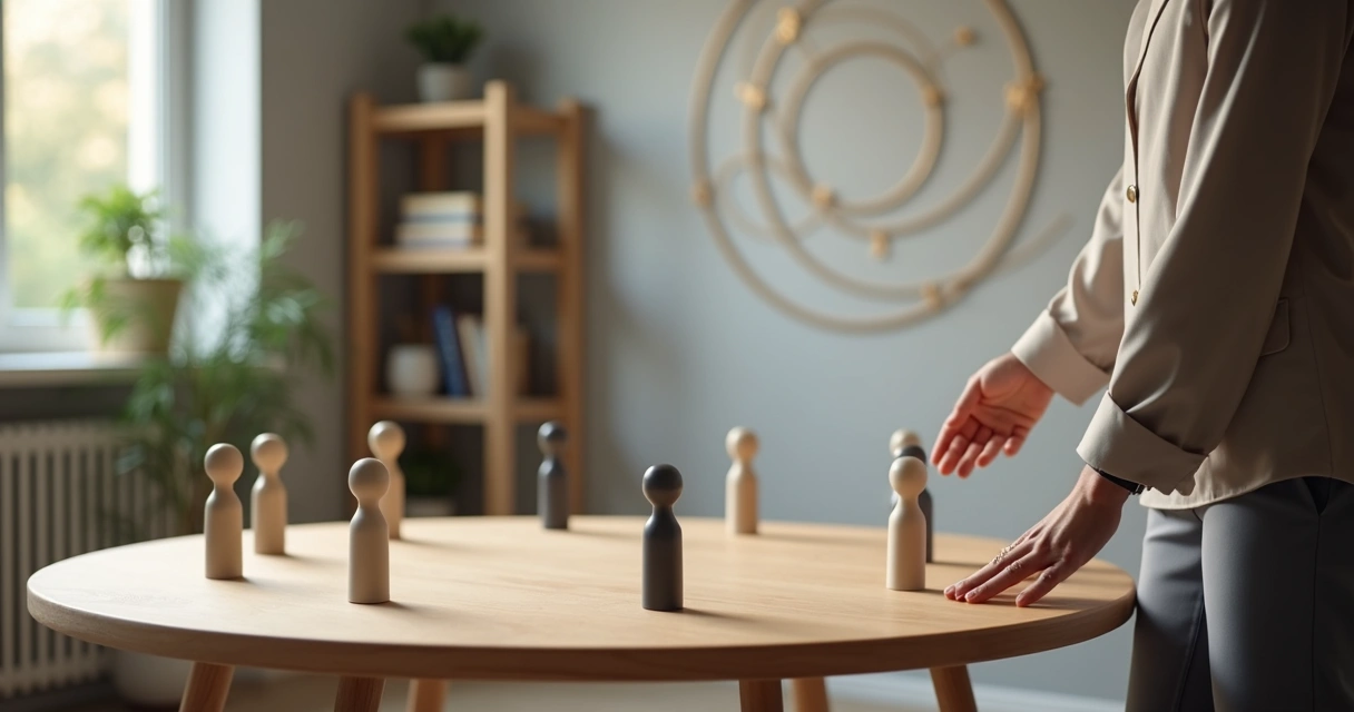 Terapeuta organiza figuras humanas em painel circular representando constelação sistêmica 