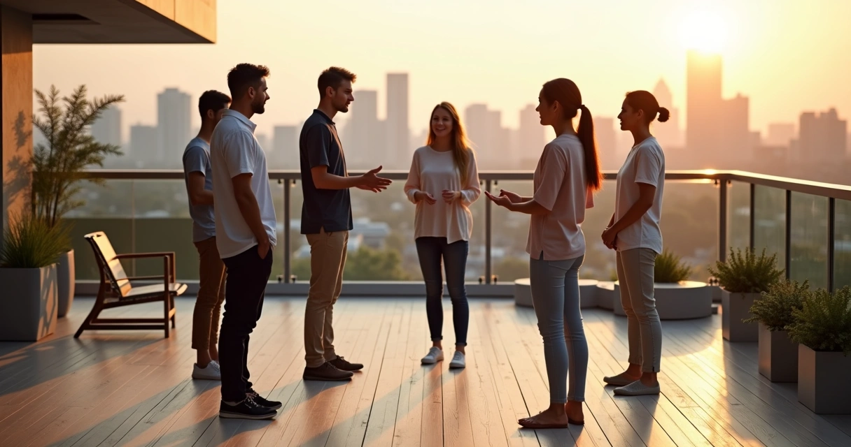 Grupo em constelação sistêmica ao ar livre com vista para a cidade 