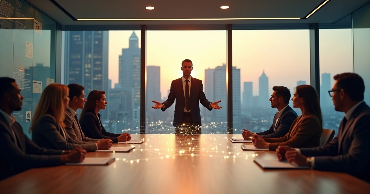Líder observando equipe em torno de mesa com conexões luminosas sobrepostas 
