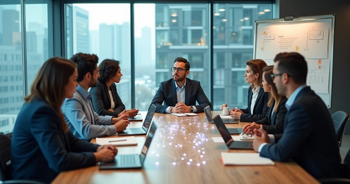Equipe em reunião de negócios conectada por linhas que formam uma constelação sistêmica 