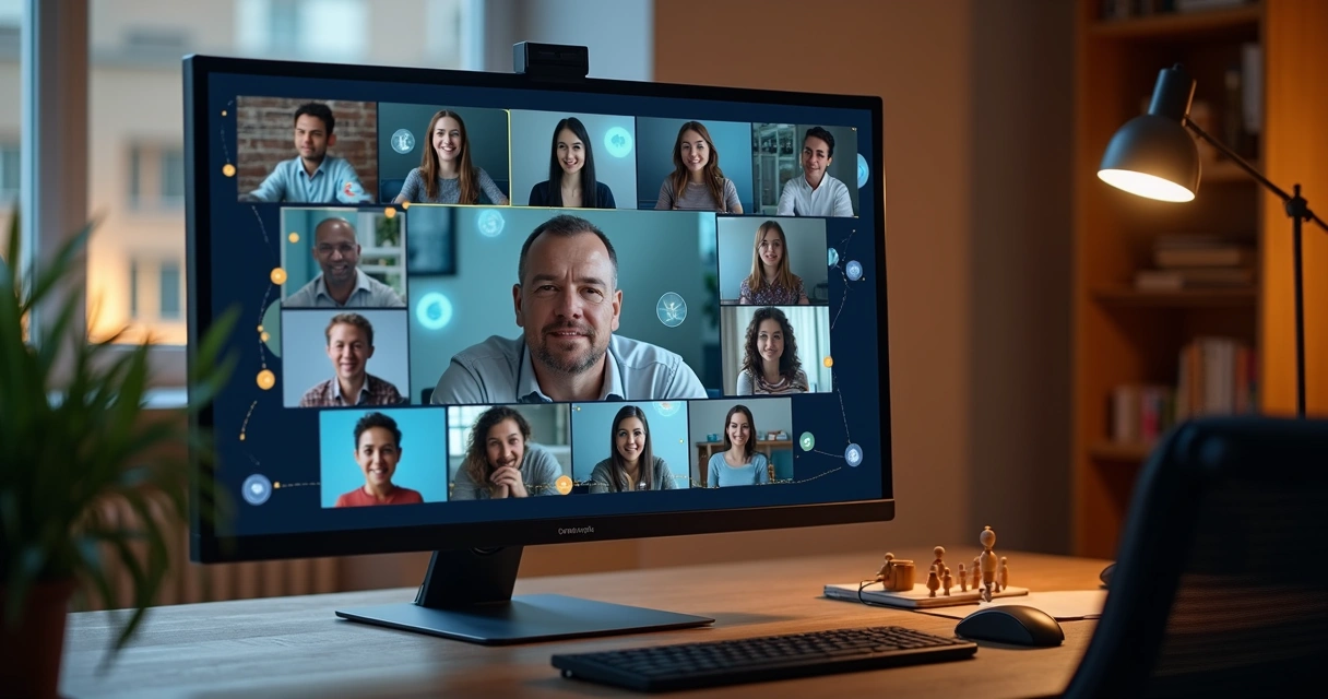 Facilitador conduzindo sessão de constelação sistêmica em ambiente virtual com participantes em mosaico na tela 