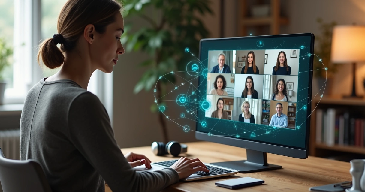 Facilitadora conduz sessão de constelação sistêmica online em videoconferência com figuras humanas conectadas por linhas digitais 