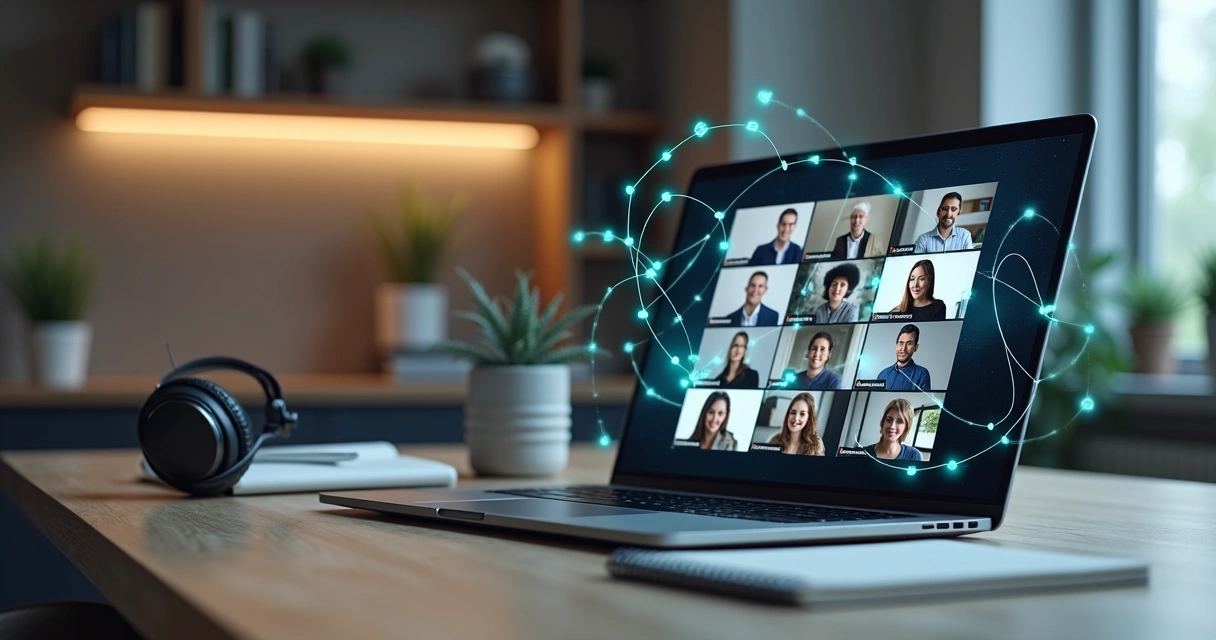 Equipe remota conectada por linhas formando uma constelação sistêmica em tela de videoconferência 