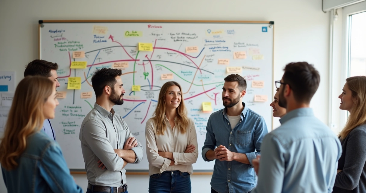 Representação visual de uma constelação sistêmica em um ambiente organizacional, com pessoas conectadas por linhas coloridas 