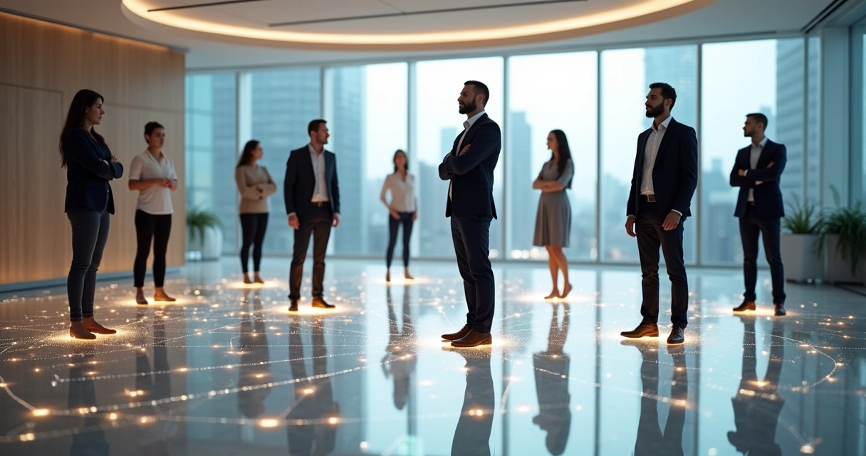 Equipes conectadas por rede luminosa representando constelação sistêmica organizacional 