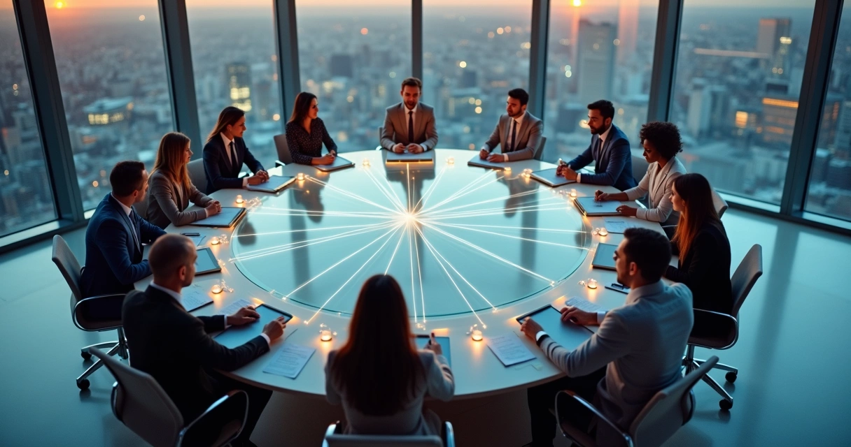 Equipes conectadas por linhas formando uma constelação organizacional vista de cima 