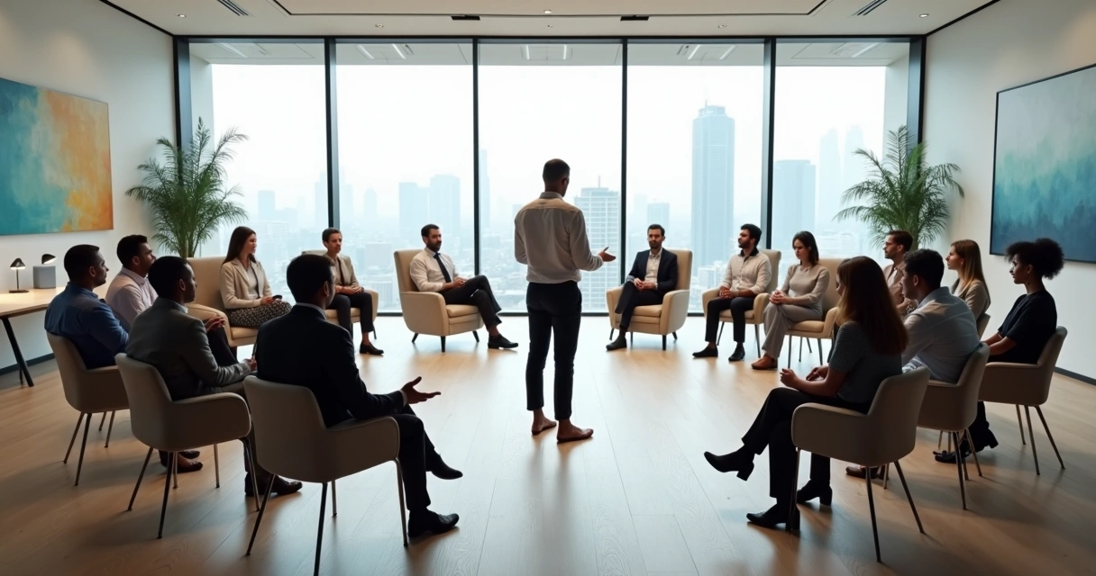 Grupo em círculo em sala corporativa representando constelação sistêmica em organizações 