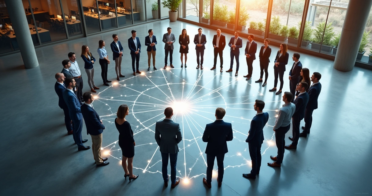 Líderes em círculo com silhuetas conectadas por linhas representando constelação sistêmica nas organizações 