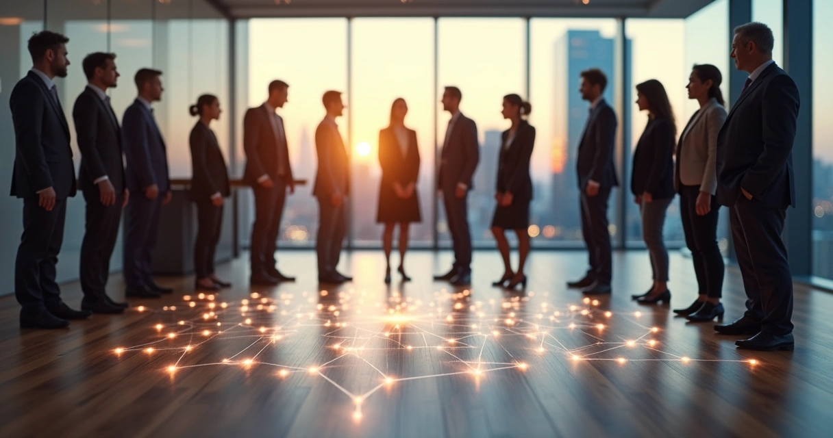 Equipe corporativa em círculo com fluxos conectando pessoas e organização 