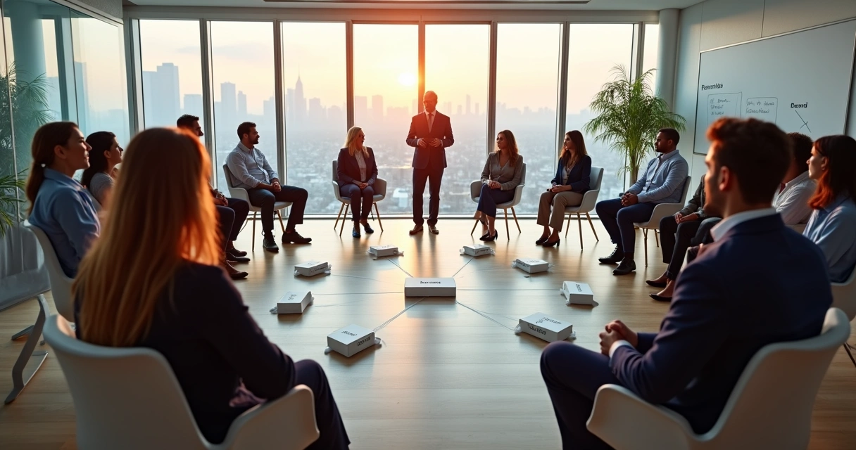 Líder facilitando constelação sistêmica com equipe em círculo em sala corporativa moderna 