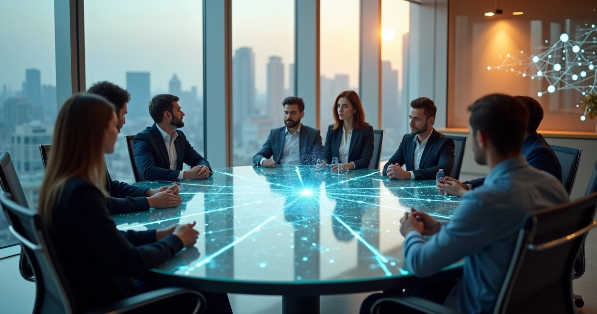 Equipe em reunião conectada por linhas representando sistemas organizacionais 