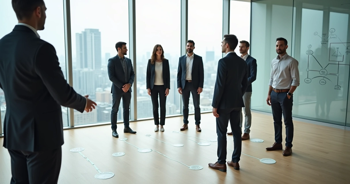 Facilitador guiando grupo em constelação sistêmica em ambiente corporativo moderno 