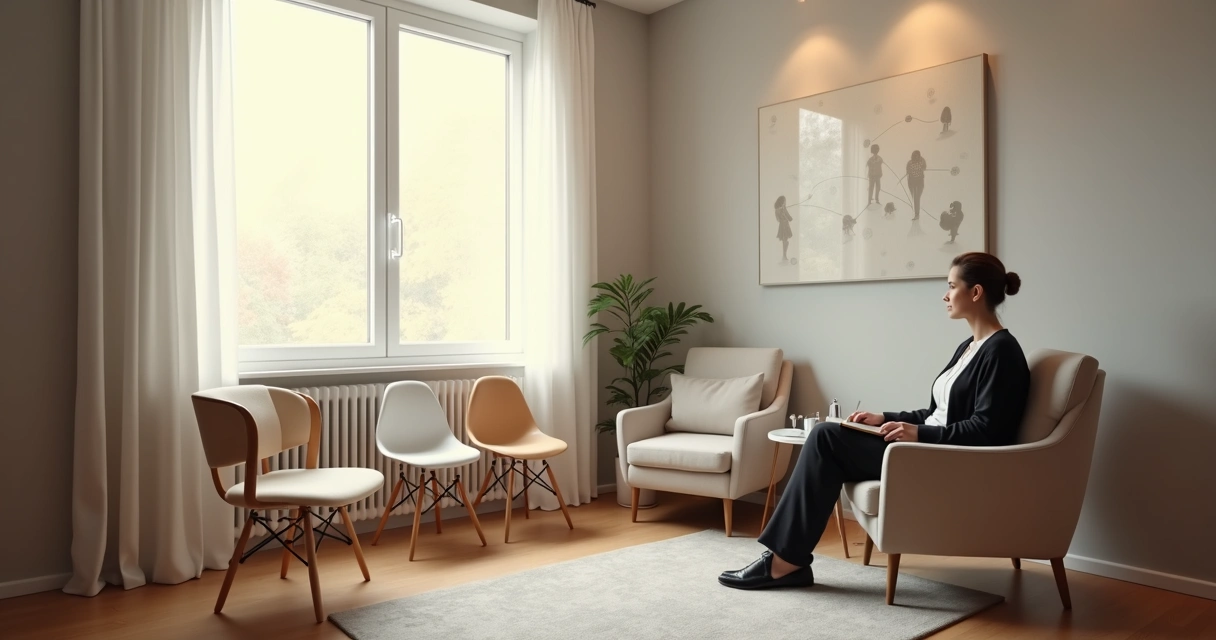 Terapeuta entre duas cadeiras representando escolha entre constelação sistêmica e psicoterapia 
