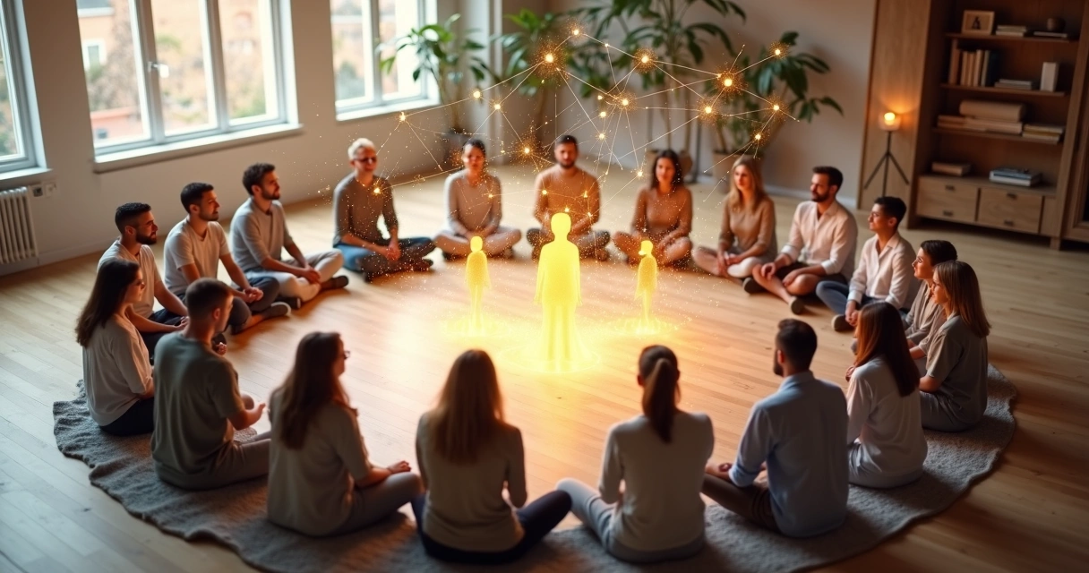 Grupo em círculo observando silhuetas conectadas por linhas de luz 