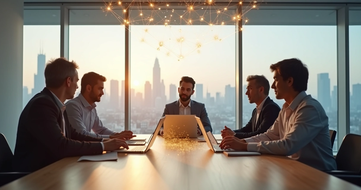 Profissionais em mesa de reunião conectados por linhas luminosas em rede sistêmica 