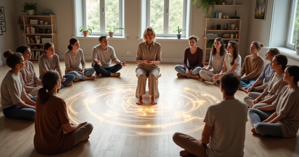 Facilitadora de constelação sistêmica guiando grupo em círculo com símbolos conectando pessoas 