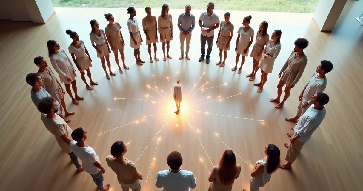 Grupo em círculo com figuras humanas em destaque conectadas por linhas luminosas 