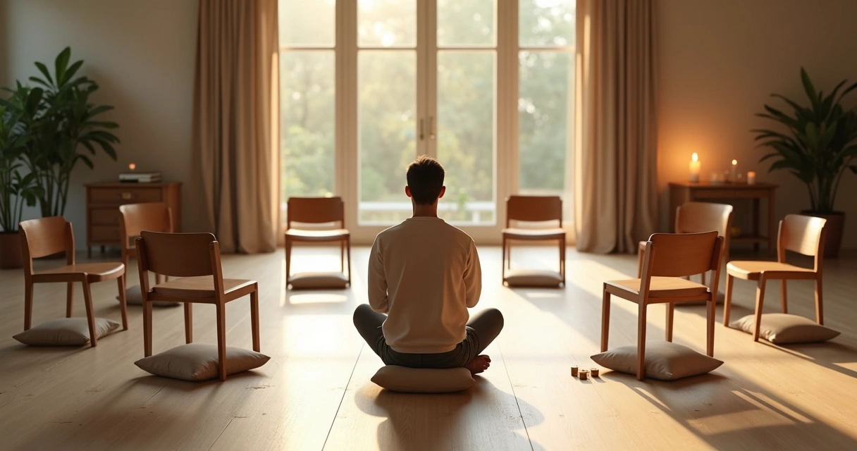 Pessoa em círculo terapêutico refletindo antes de iniciar constelação sistêmica 