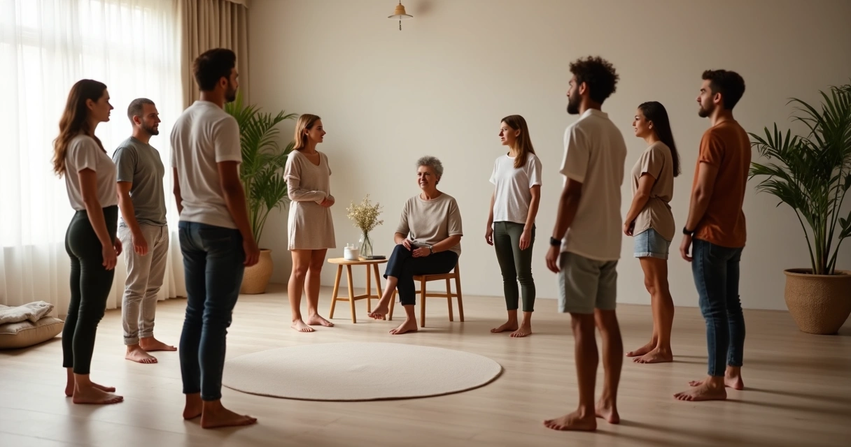 Círculo de constelação sistêmica com família de mãos dadas em ambiente acolhedor 