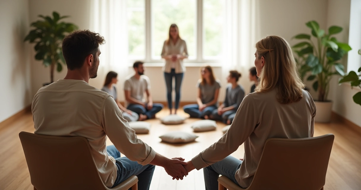 Casal de mãos dadas em sessão de constelação sistêmica com facilitador ao fundo 