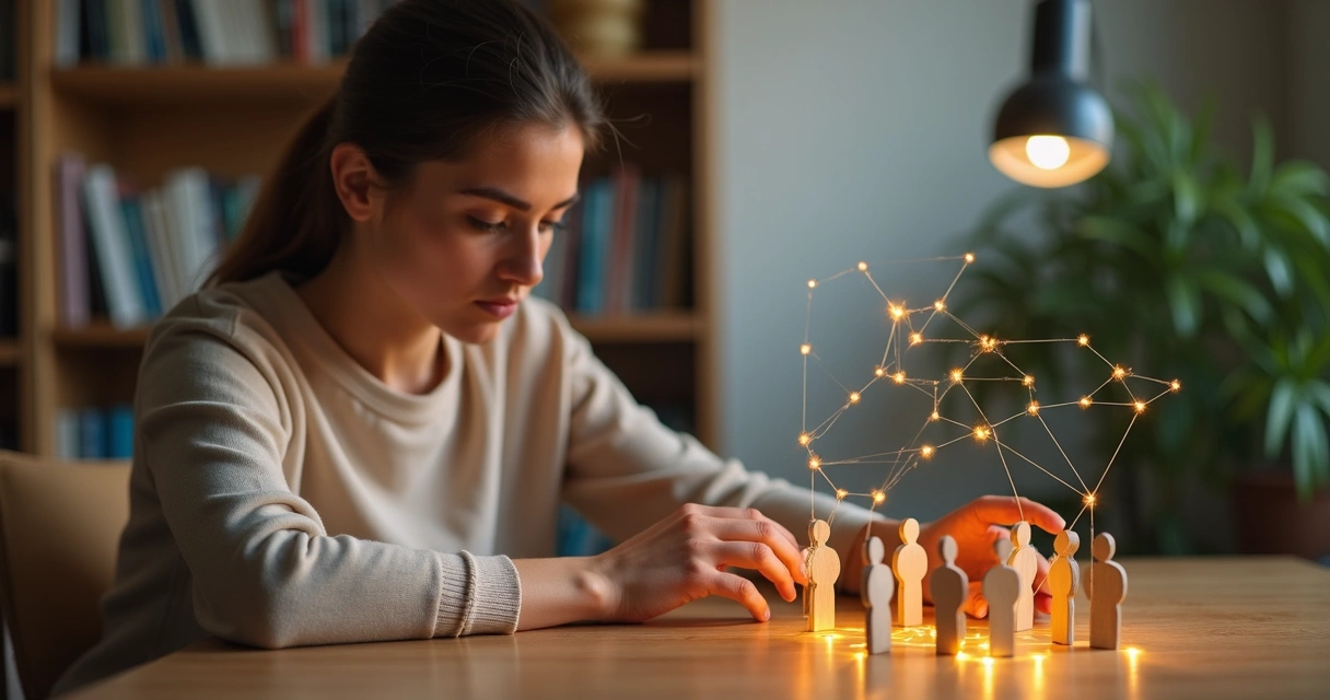 Mulher observando figuras conectadas que simbolizam relações afetivas e familiares 