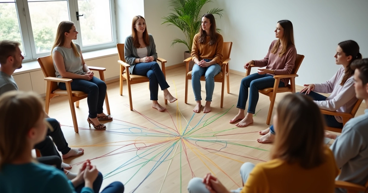 Grupo em círculo visto de cima com fios coloridos ligando as pessoas 