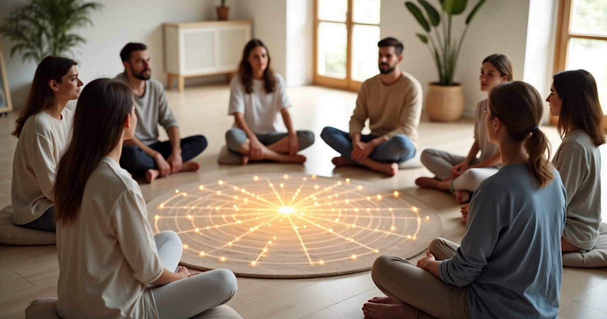 Grupo sentado em círculo com fios de luz conectando as pessoas 