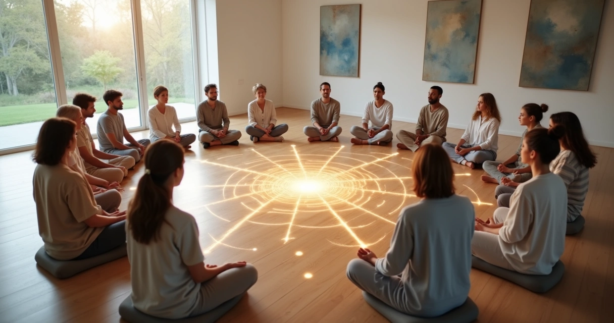 Grupo em círculo conectado por fios de luz representando relações sociais em constelação sistêmica 