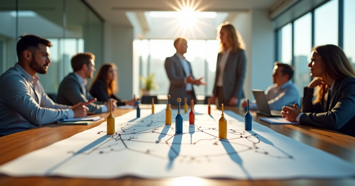 Líder e equipe observando desenho de constelação sistêmica no ambiente de trabalho 