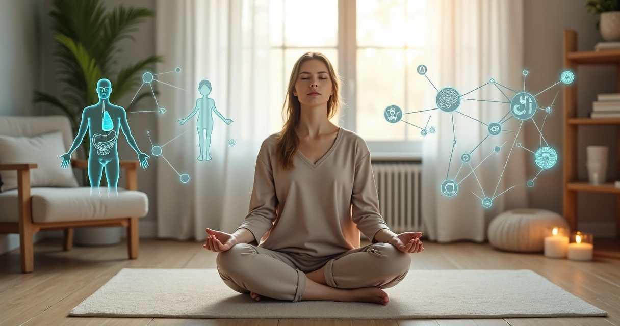 Pessoa meditando em consultório com ilustrações de sistemas corporais e conexões ao redor 