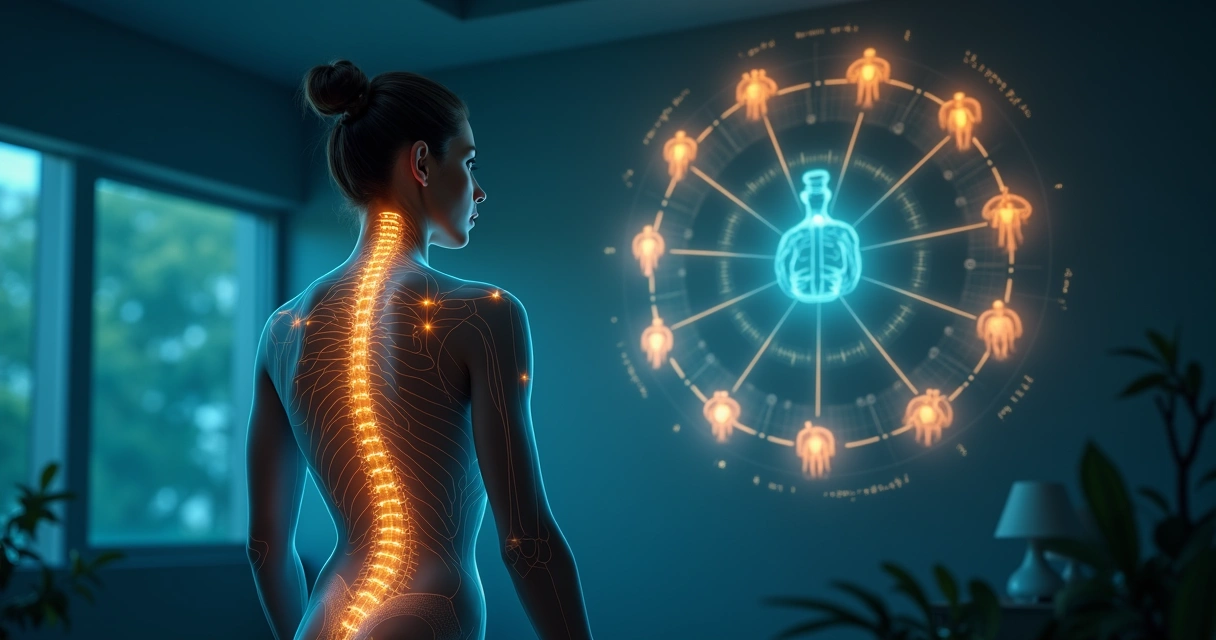 Corpo humano translúcido diante de holograma de sistema familiar conectado 