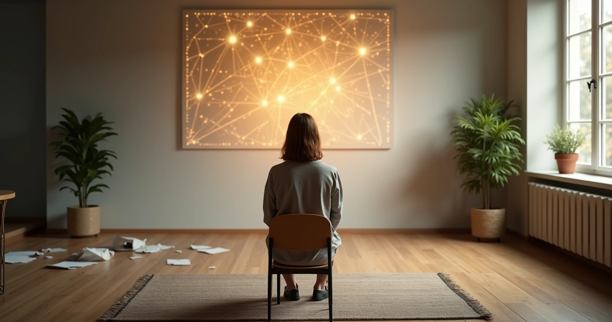 Pessoa observando representação visual de conexões sistêmicas em metade de um quarto iluminado e metade em sombra 