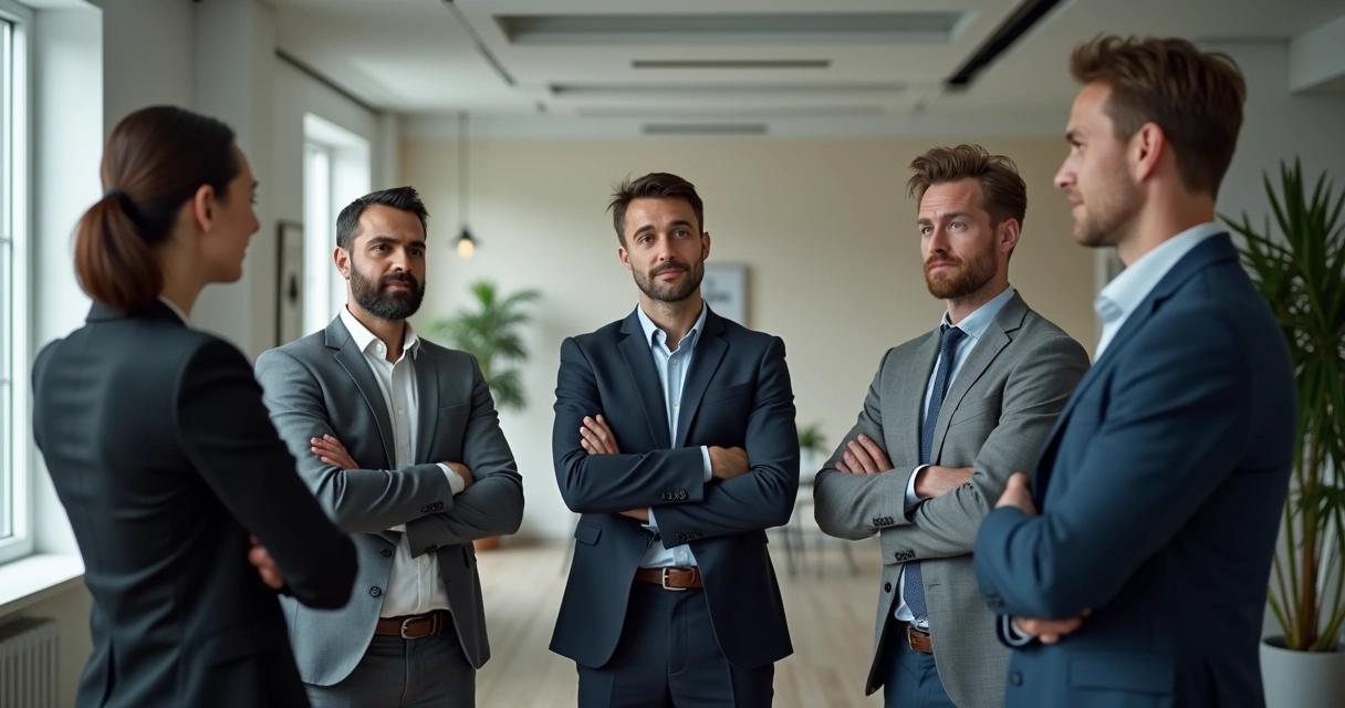 Equipe representando relações de trabalho com conexão visual e corporal 