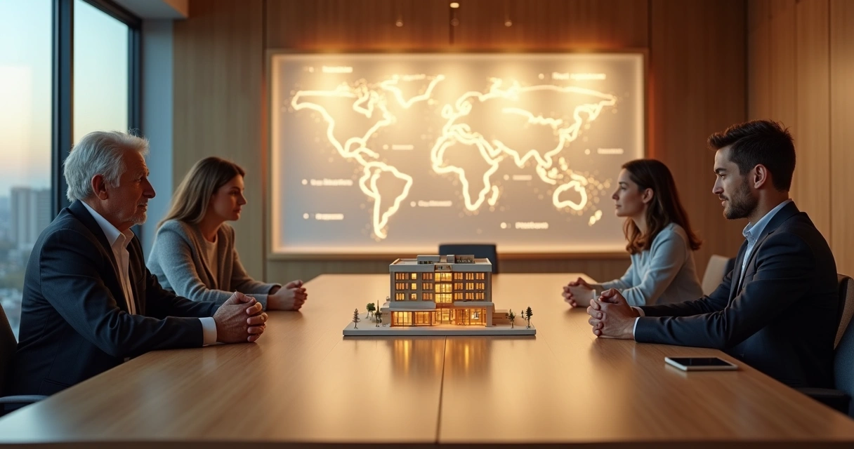 Família em diferentes gerações reunida em torno de maquete luminosa de empresa familiar 