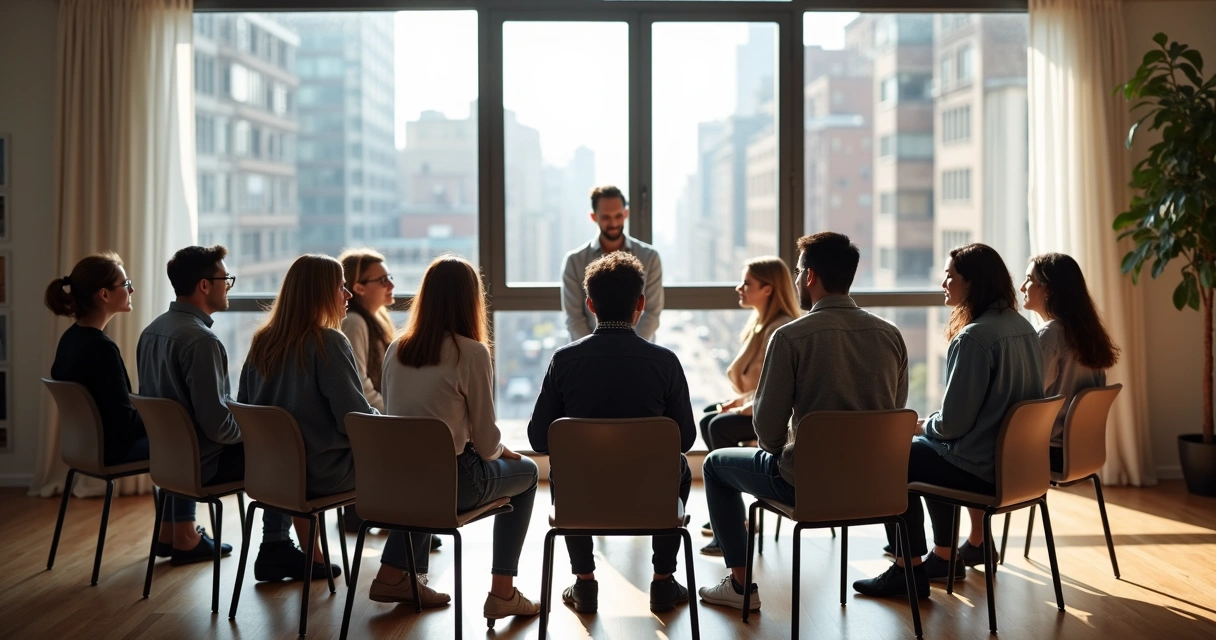 Grupo de pessoas em círculo em ambiente urbano, participando de atividade sistêmica 