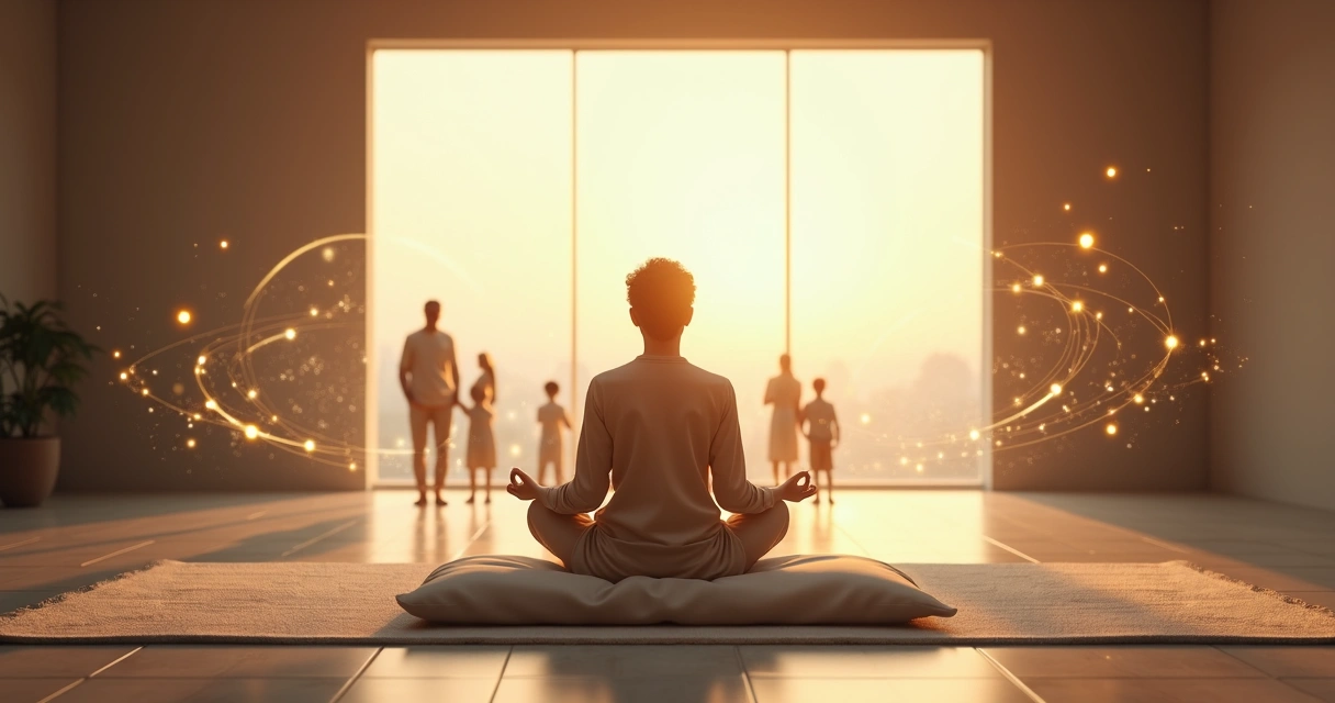 Persona meditando en círculo de figuras familiares conectadas por luz 