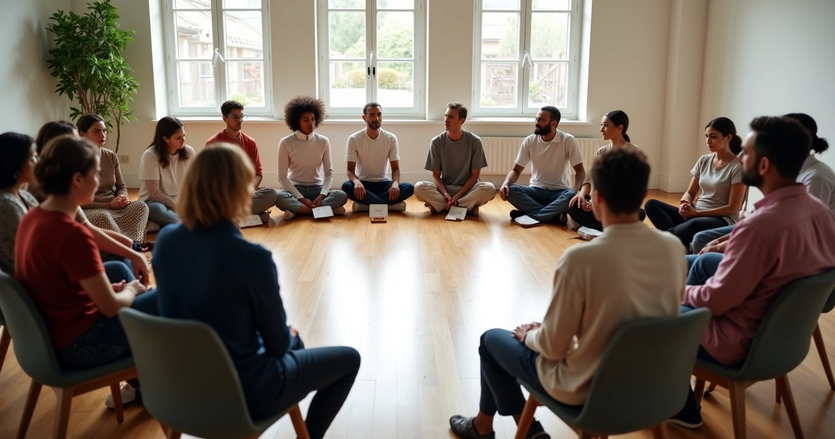 Grupo de personas en círculo interactuando en proceso de constelación sistémica 