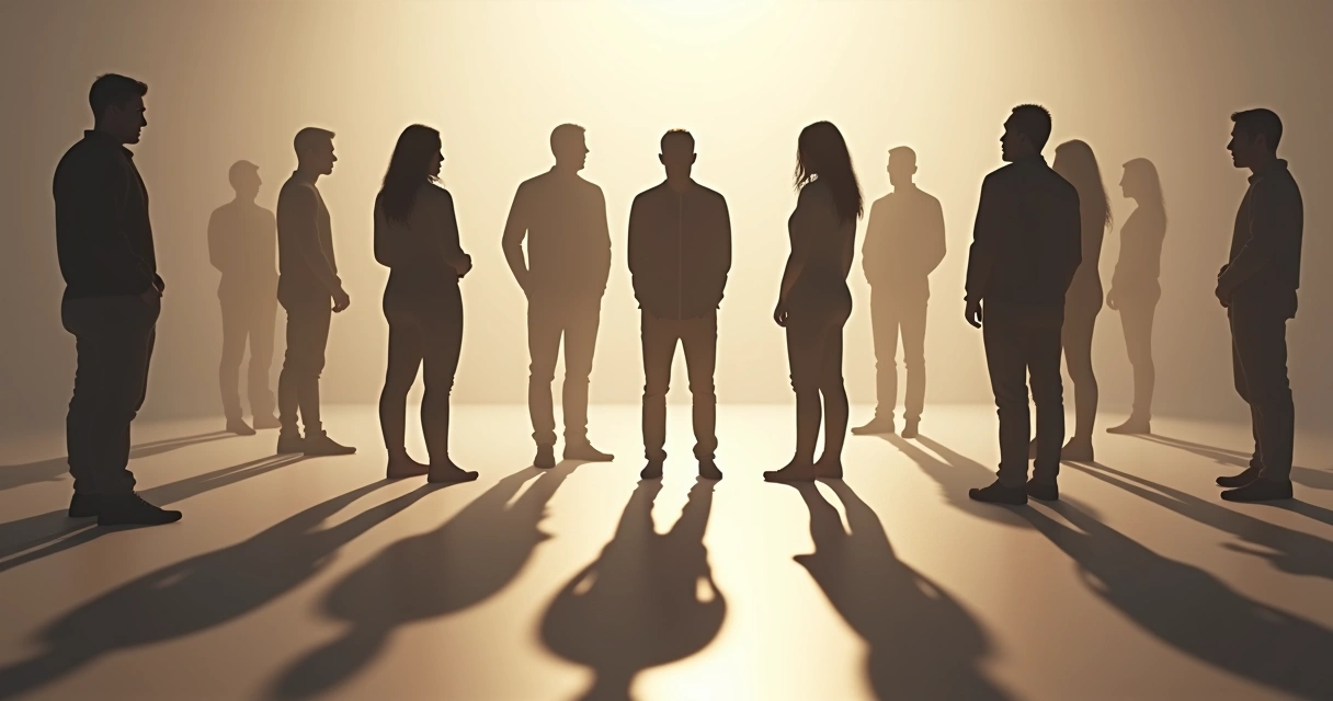 Grupo de personas con sombras proyectadas en diferentes direcciones 