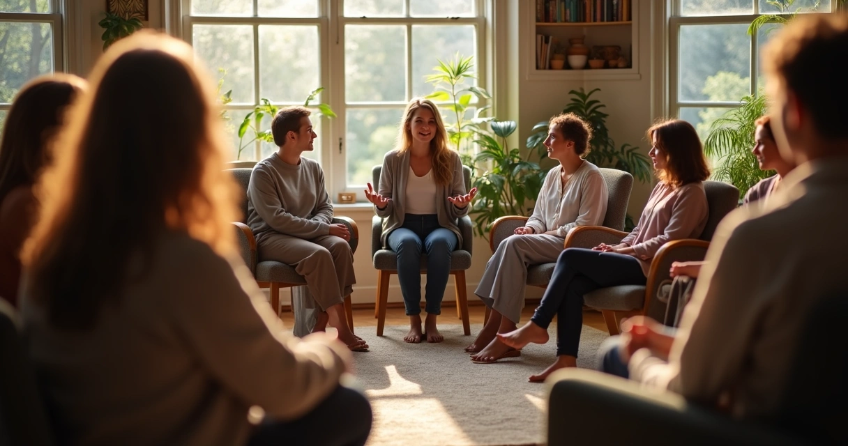 Facilitador guiando una constelación familiar con participantes sentados atentos 