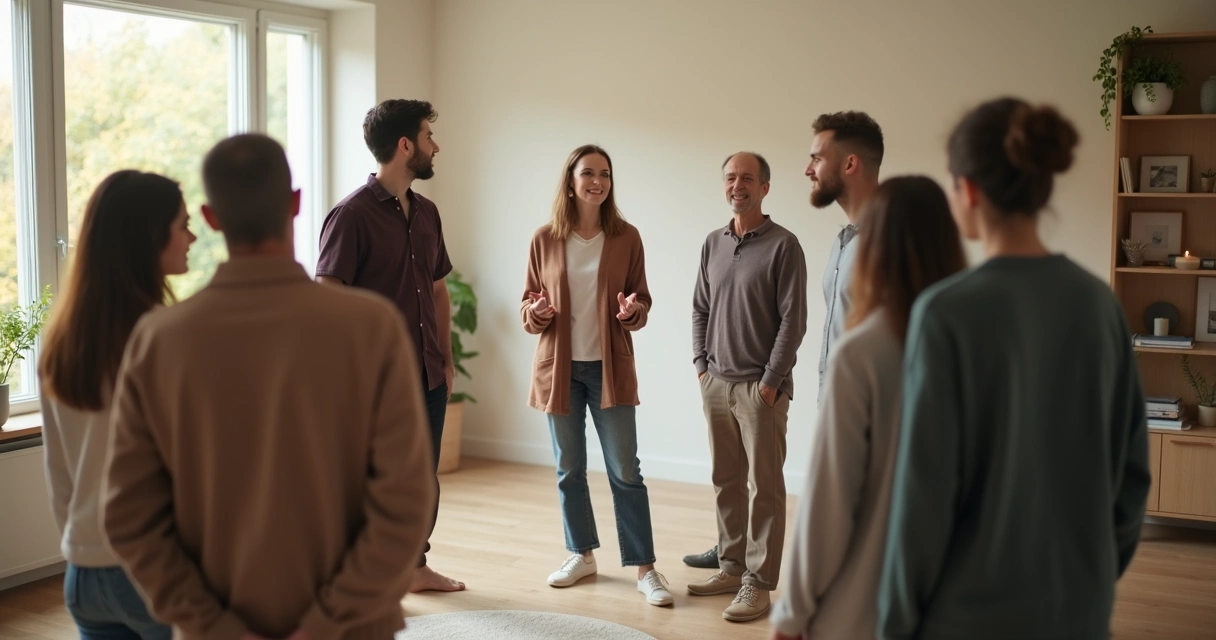 Terapeuta guiando una constelación familiar con personas de pie en círculo 