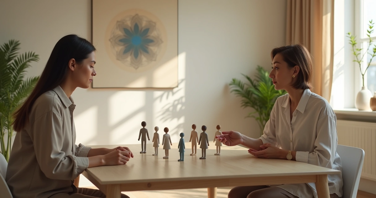 Terapeuta guiando a consultante en una sesión de constelación integrativa con figuras en una mesa 