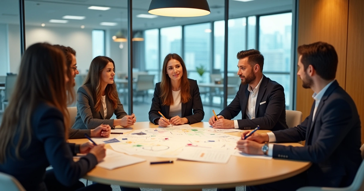 Equipo de personas reunidas alrededor de una mesa redonda, con fichas y papeles, en un entorno laboral