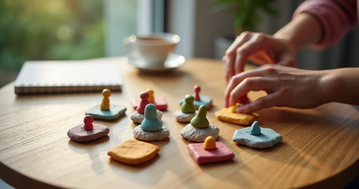 Objetos colocados en círculo sobre una mesa representando diferentes miembros familiares 