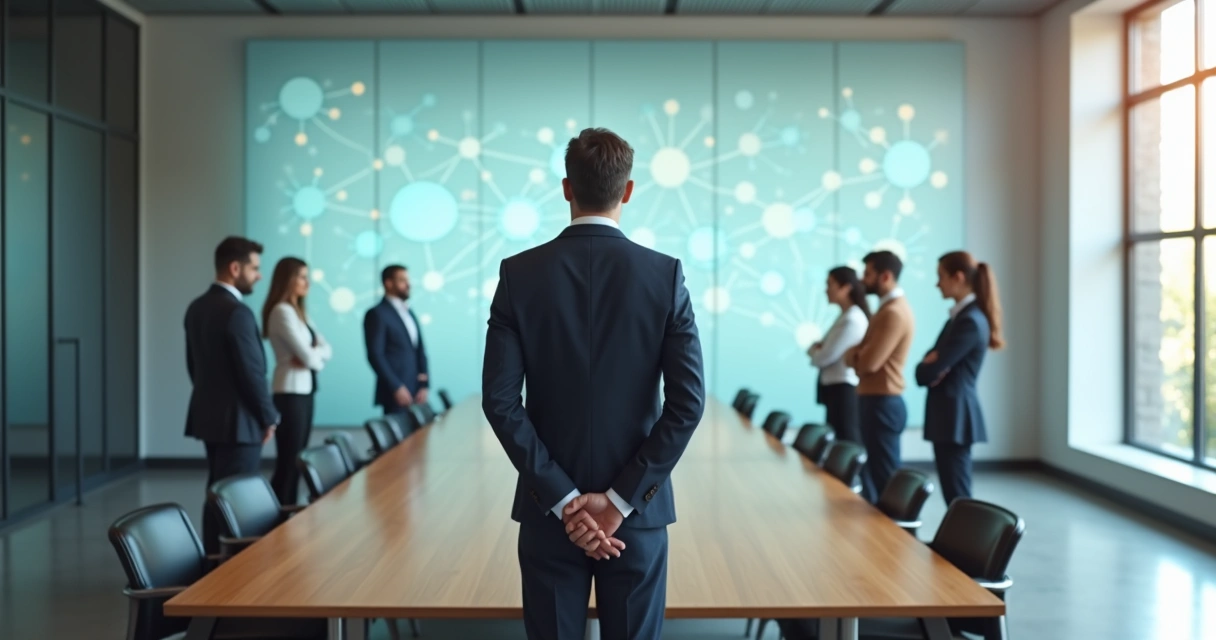 Líder observando constelación organizacional con figuras humanas en sala de reuniones 