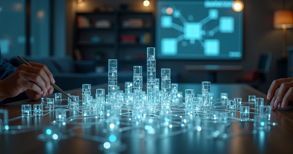 Maqueta de organización en miniatura iluminada por trayectorias de luz 